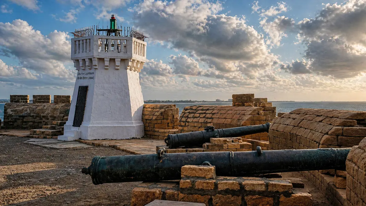 Lighthouse and old cannons inside the historic Diu Fort