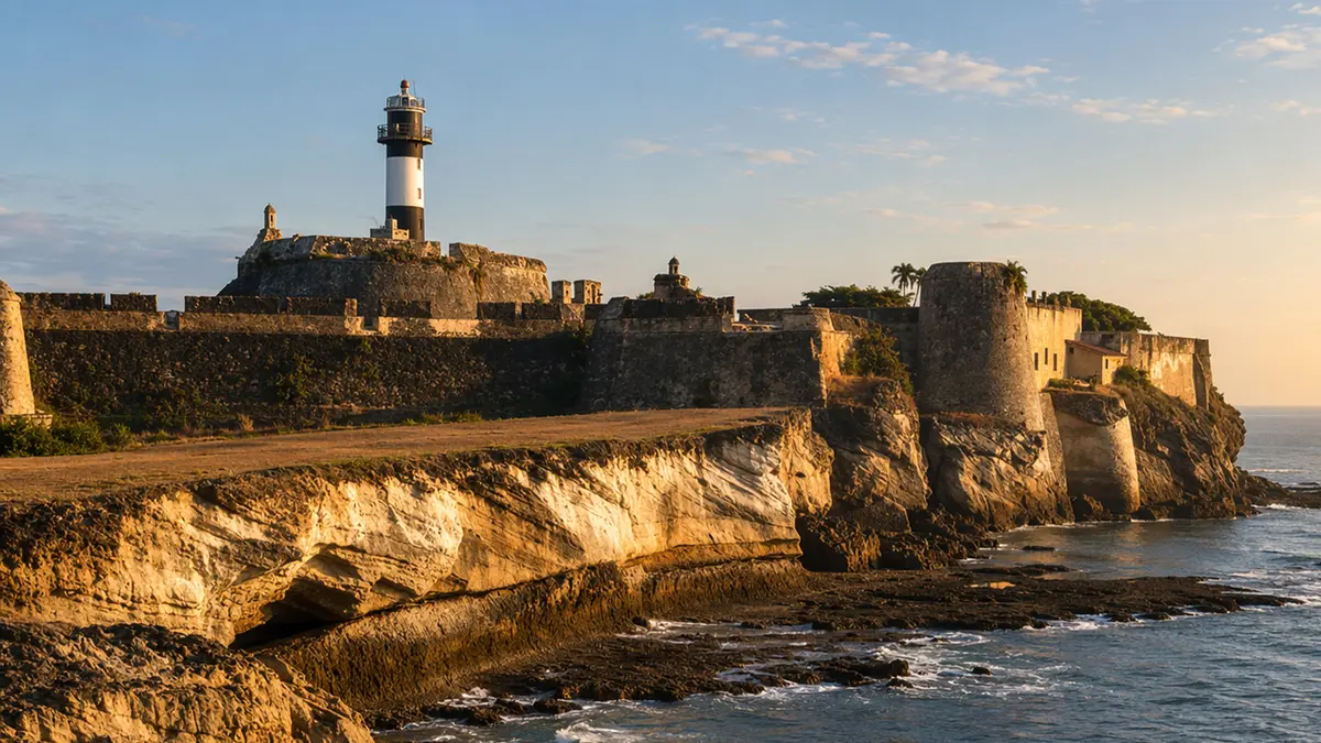 Scenic coastal ramparts and lighthouse at Diu Fort
