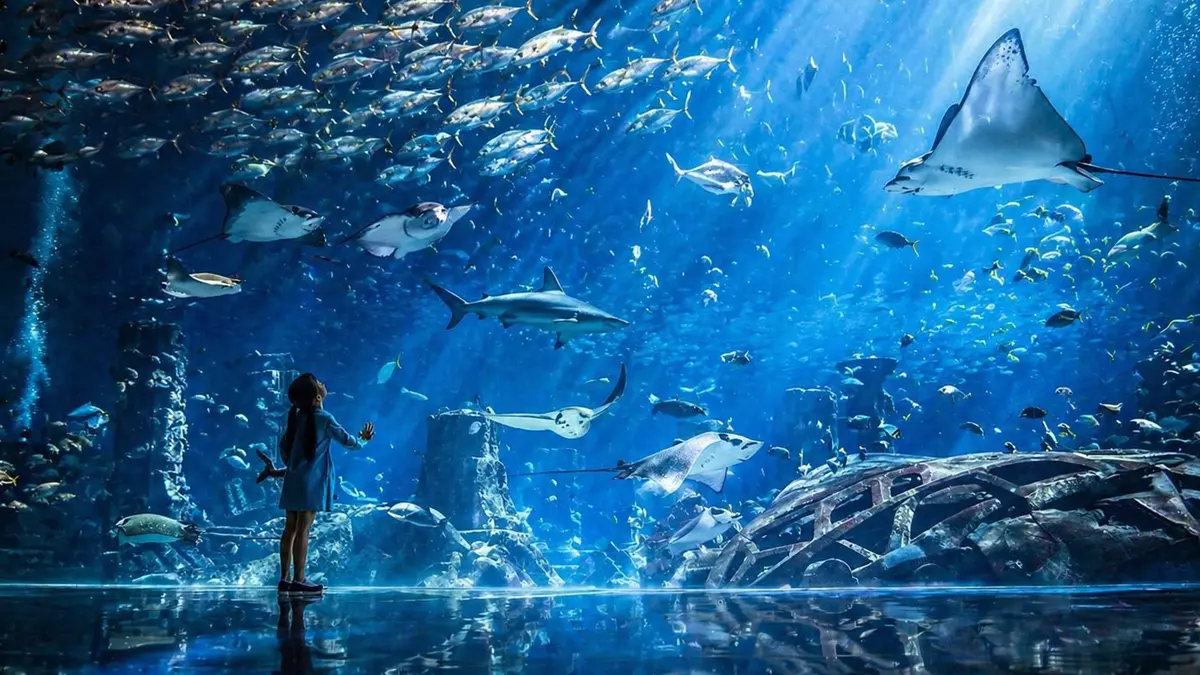 Visitor exploring marine life at Dubai Aquarium and Underwater Zoo