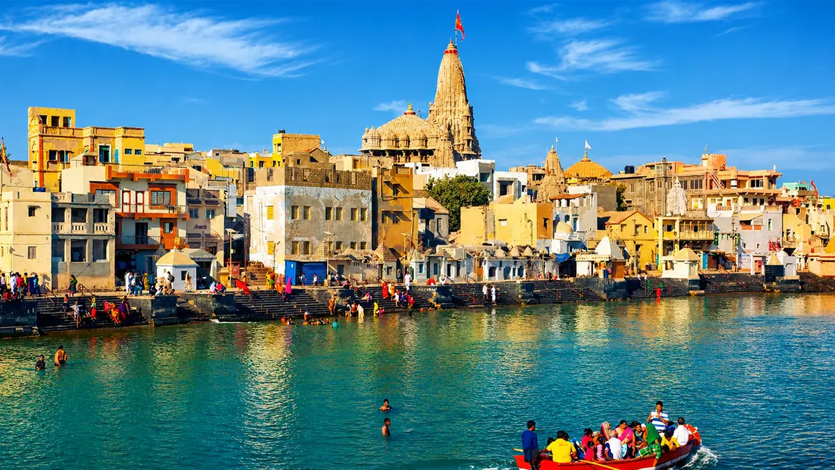 Dwarkadhish Temple overlooking Gomti Ghat in Dwarka Gujarat