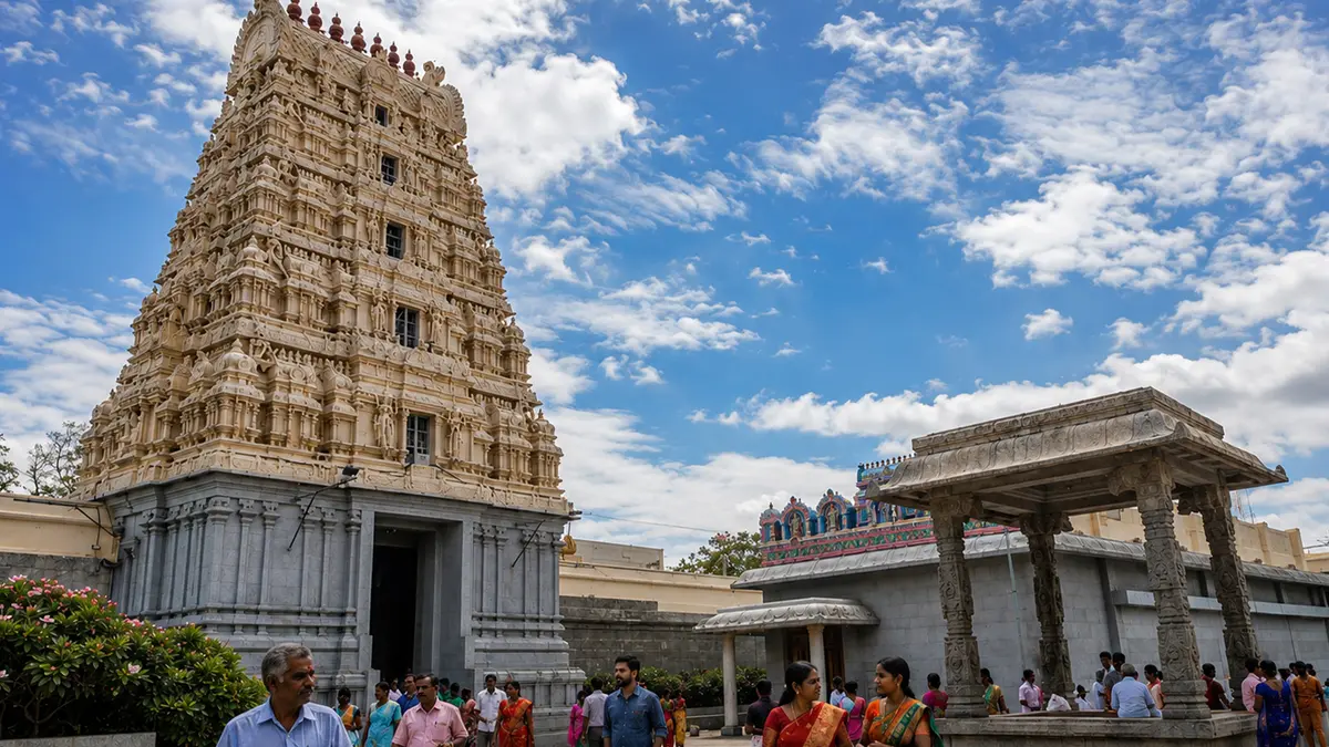 Ancient elemental Shiva temple with towering Dravidian gopuram architecture