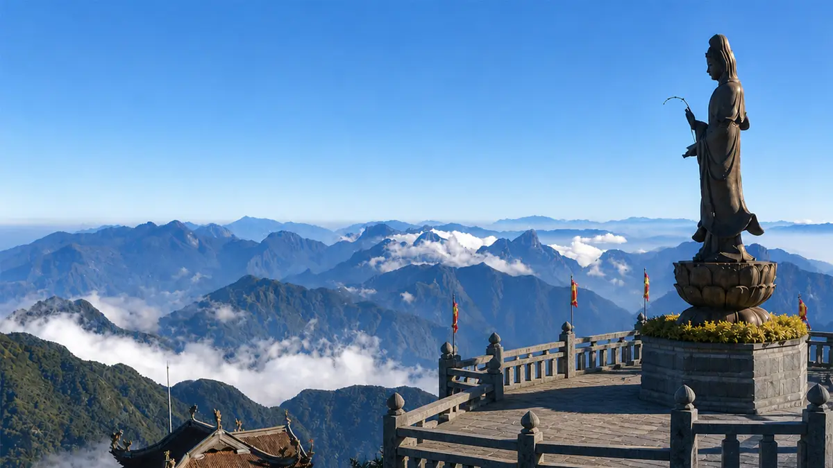 Fansipan summit viewpoint with mountain panorama in Sapa