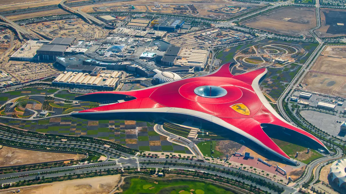Aerial view of Ferrari World Abu Dhabi on Yas Island