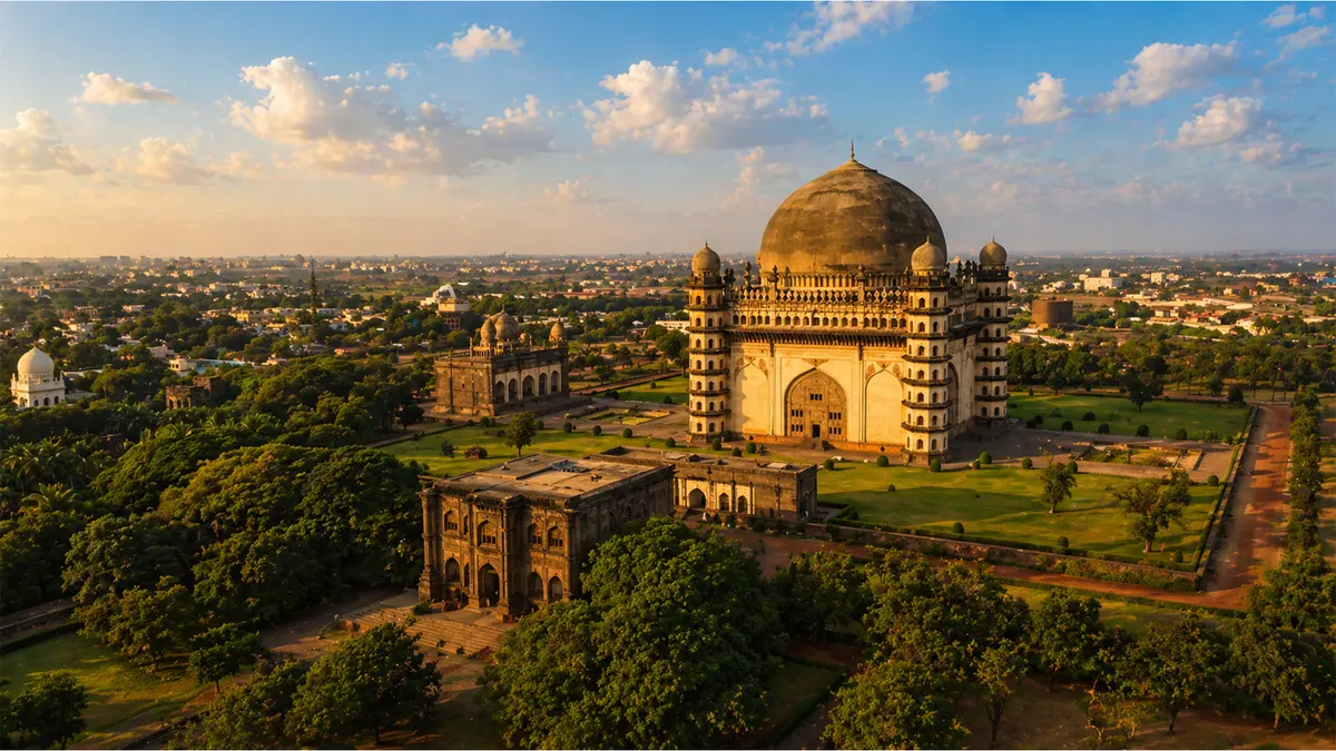 Aerial view of the historic Gol Gumbaz monument in Vijayapura (Bijapur), Karnataka