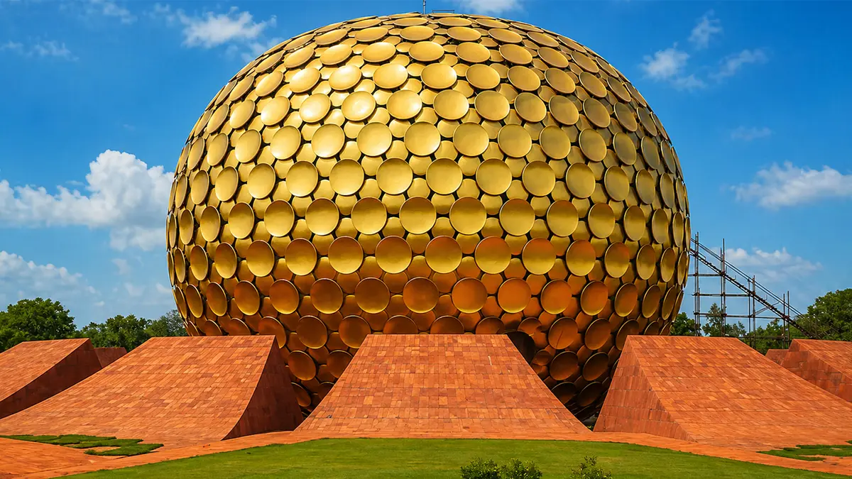 Golden meditation sphere surrounded by landscaped gardens and pathways