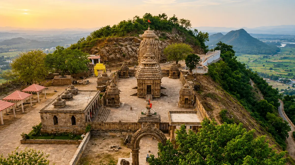 Ancient hilltop worship site overlooking scenic valleys and countryside landscapes