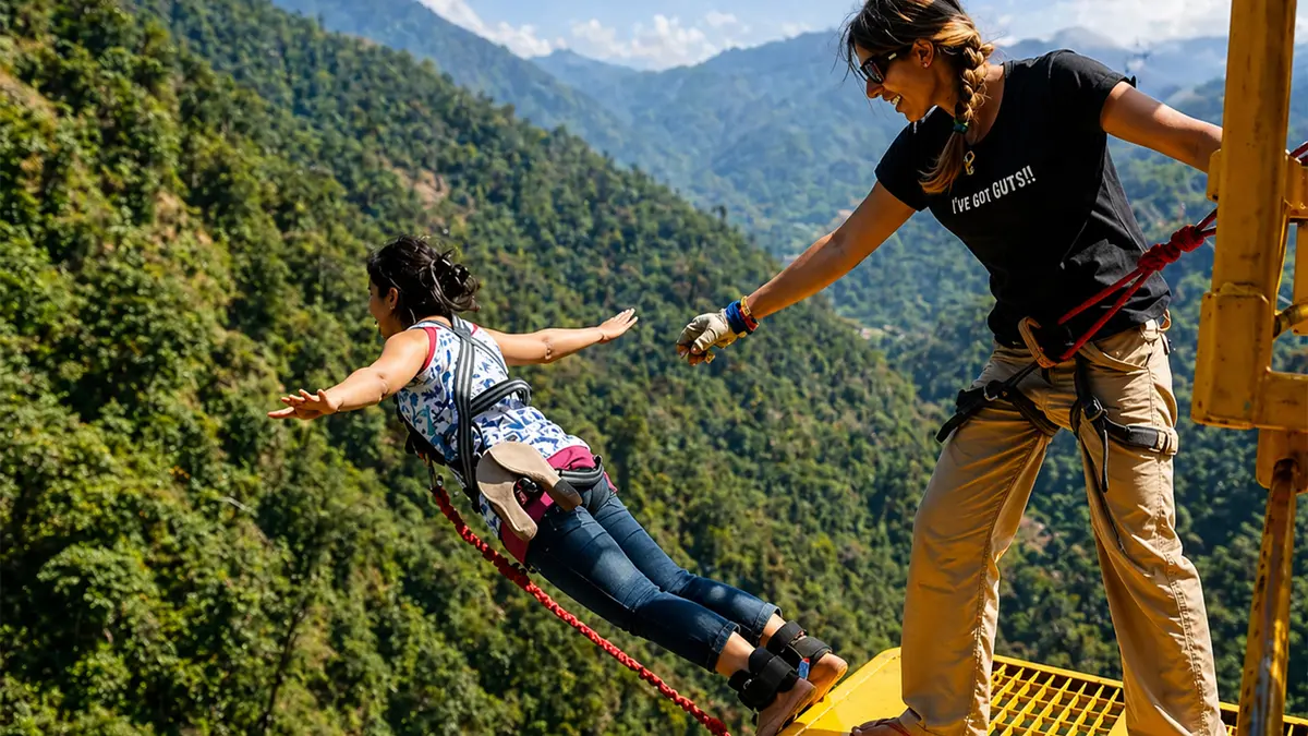 High-adrenaline Himalayan bungee jumping experience in Rishikesh surrounded by lush valleys