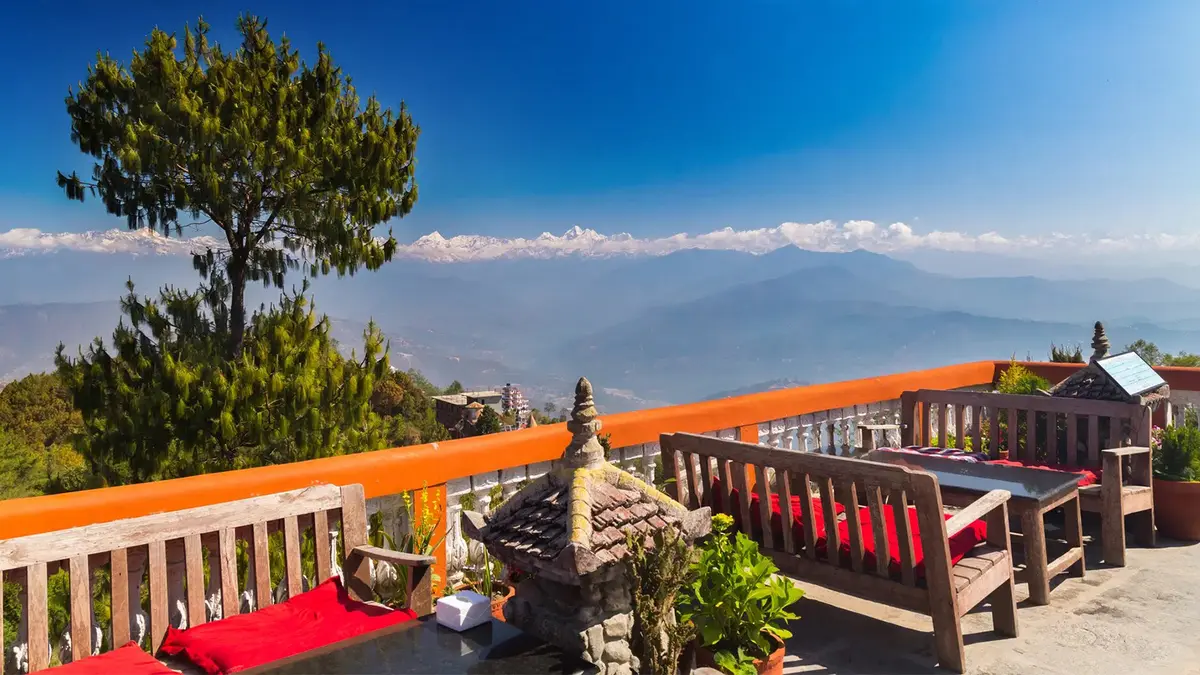 Scenic terrace with panoramic Himalayan mountain views in Nepal