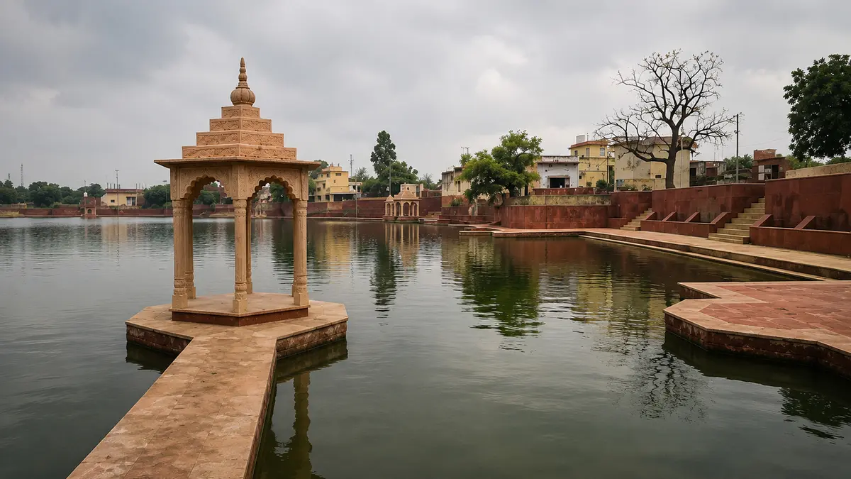 Peaceful heritage kund with traditional pavilion and stone ghats
