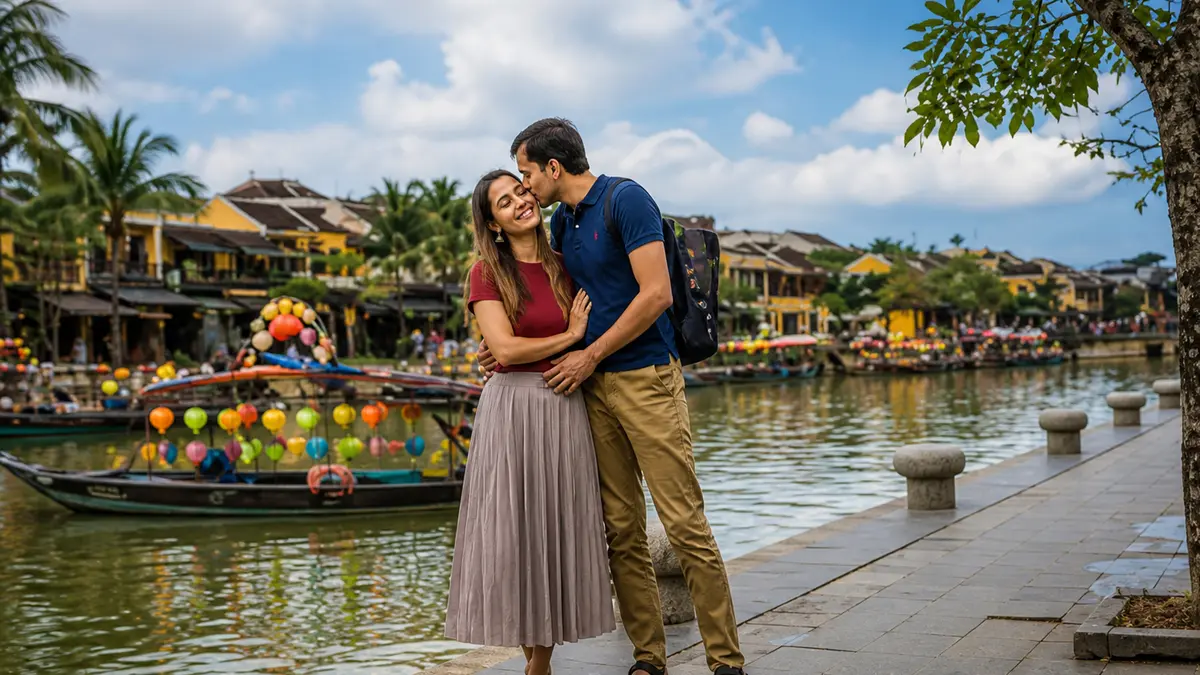 Couple enjoying the lantern-lit riverside in Hoi An Ancient Town