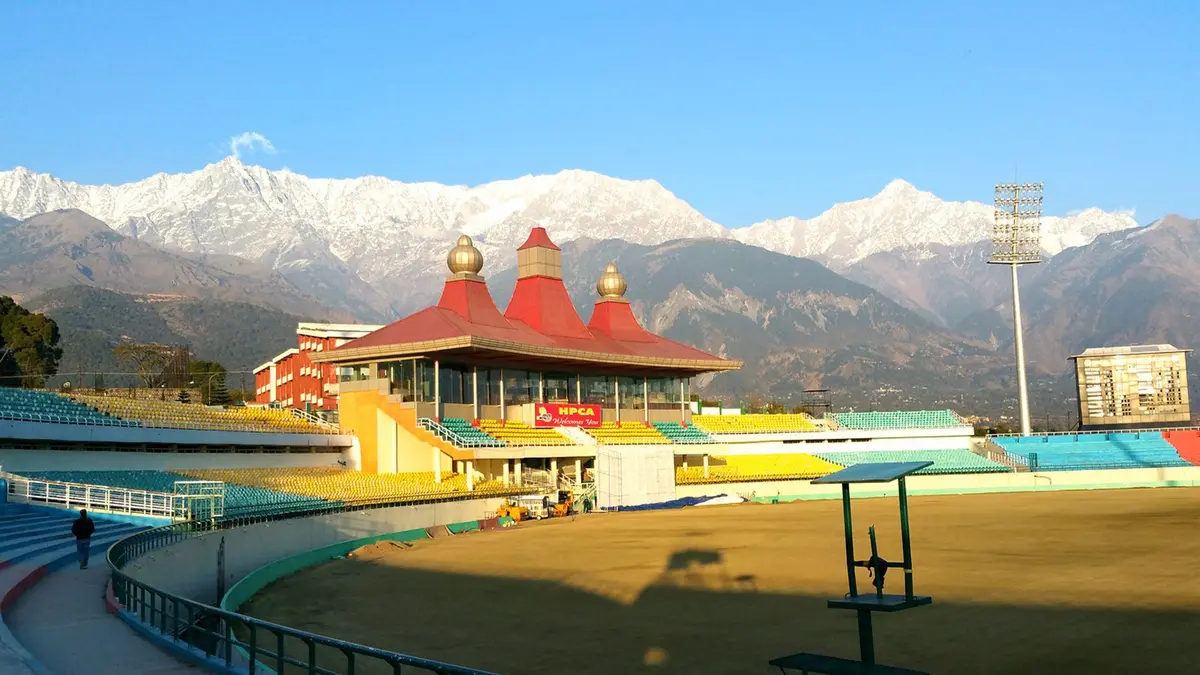 HPCA Cricket Stadium with the snow-covered Dhauladhar Range in Dharamshala