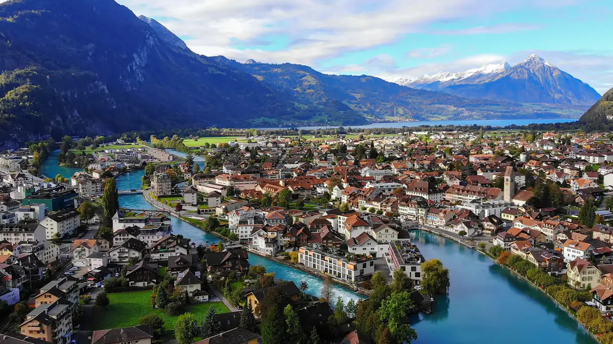 Aerial view of Interlaken between lakes and alpine mountains