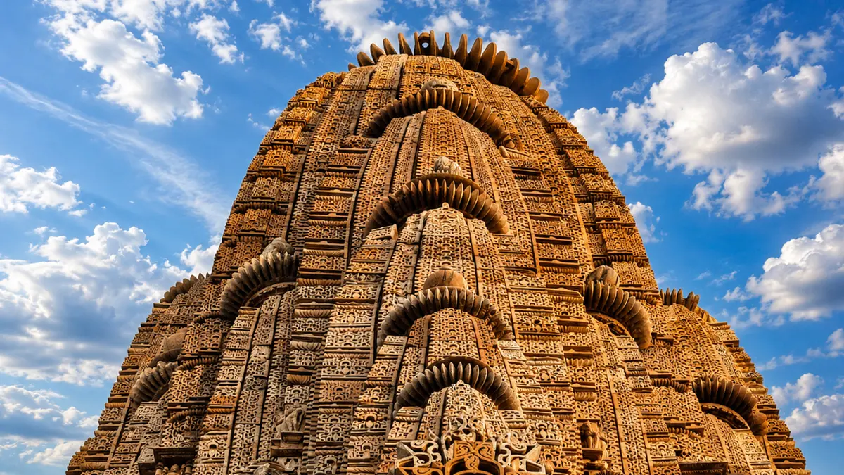 Towering stone shikhara adorned with intricate carvings and sculptural details