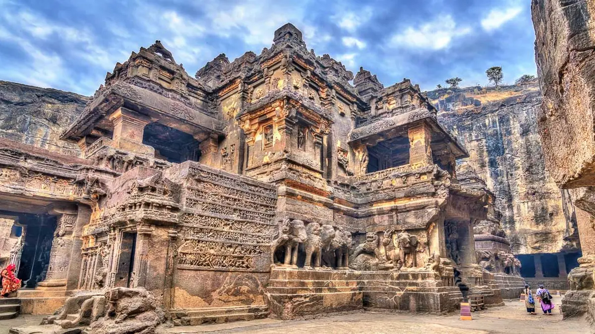 Intricately carved monolithic Kailasa Temple at Ellora Caves