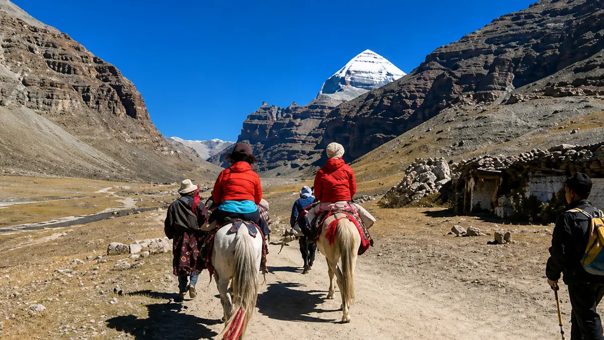 Pilgrims riding ponies on the Kailash Mansarovar trekking route