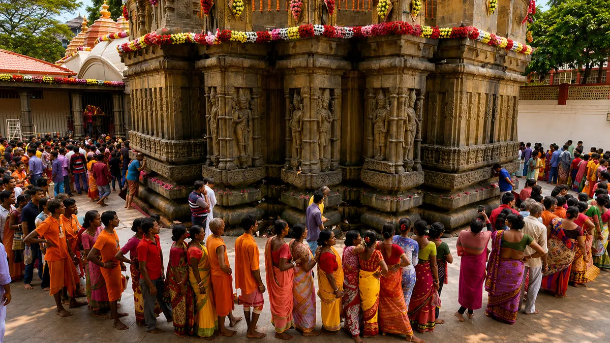 Devotees standing in darshan queue around Kamakhya Temple in Guwahati Assam