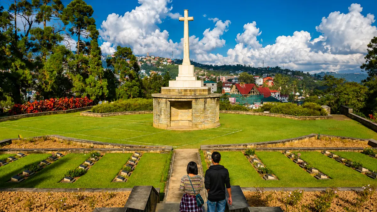 Kohima War Cemetery memorial overlooking the scenic hills of Nagaland