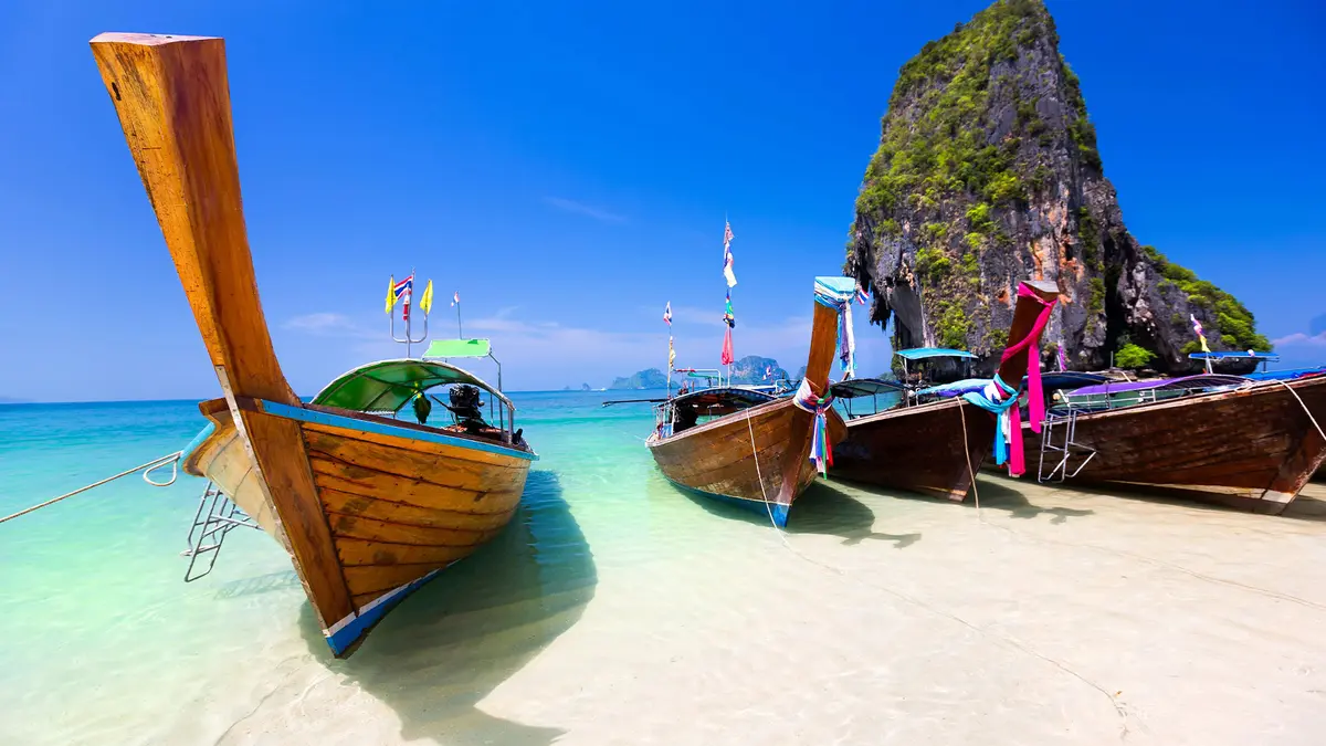 Traditional longtail boats in Krabi