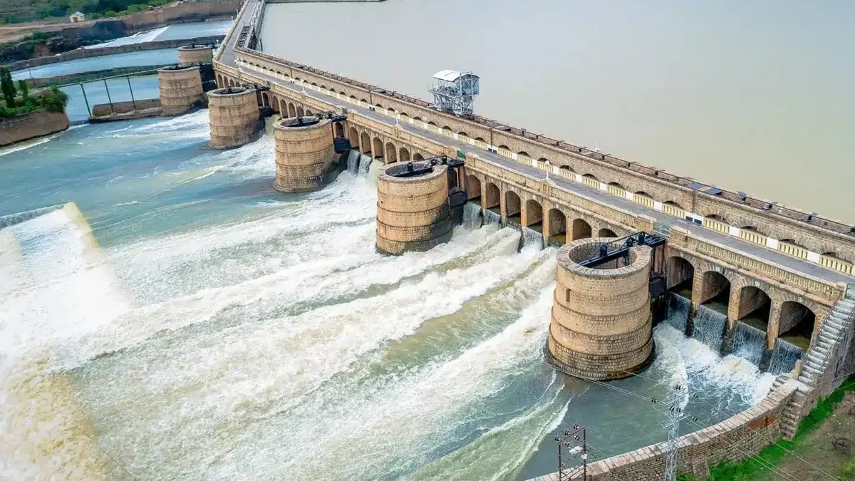 Aerial view of Krishnaraja Sagar Dam near Mysore during a South India sightseeing trip