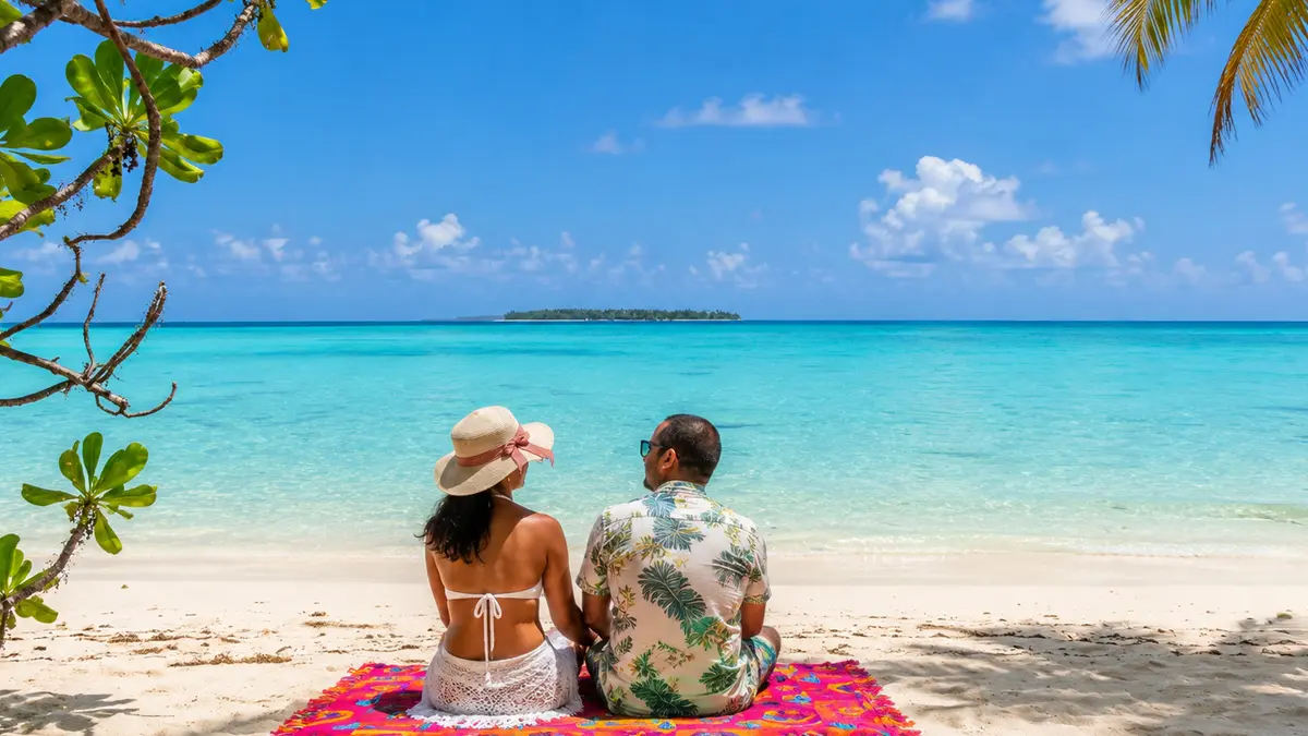 Couple relaxing on a white sand beach with turquoise sea in Lakshadweep