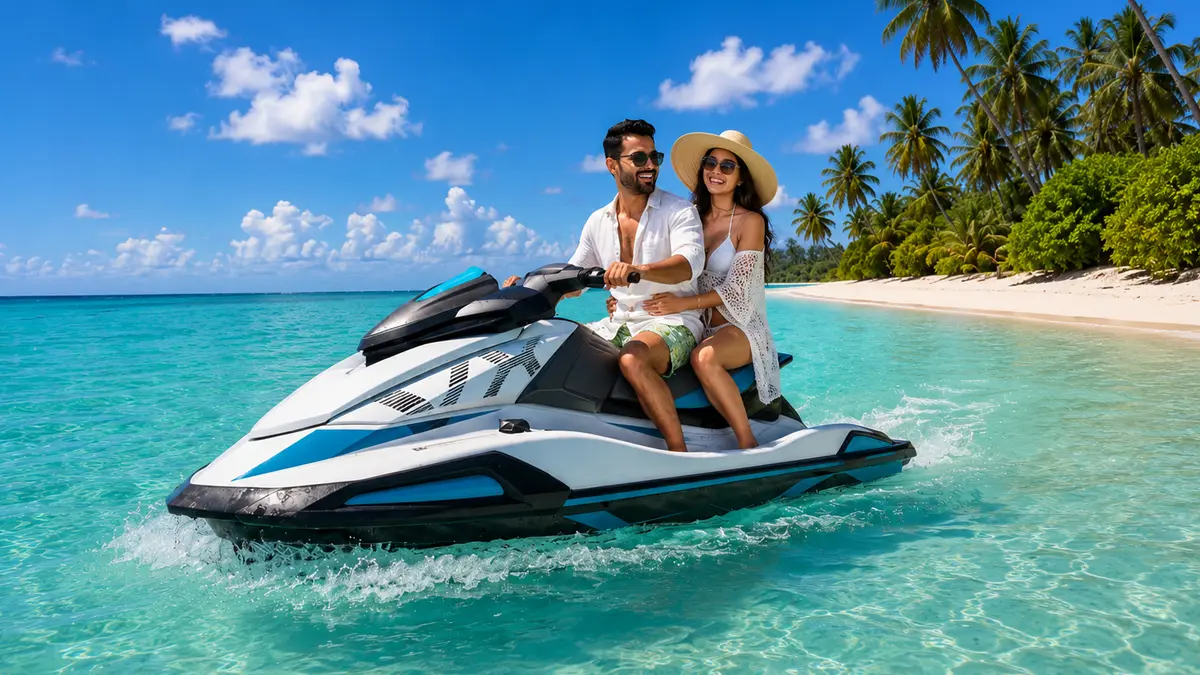 Couple enjoying a jet ski ride in the turquoise waters of Lakshadweep