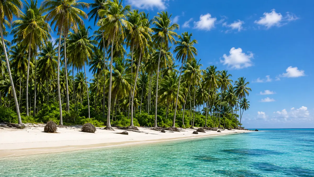 Palm lined white sand beach and clear blue sea in Lakshadweep