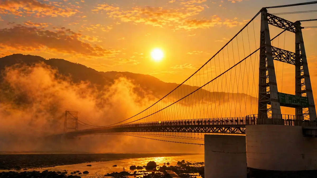 Sunrise view of Lakshman Jhula and the Ganga River during a Rishikesh sightseeing experience