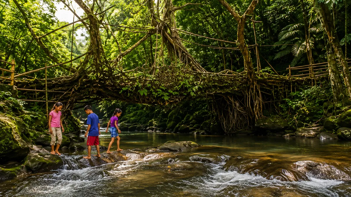 Tourists crossing the famous Living Root Bridge in Meghalaya