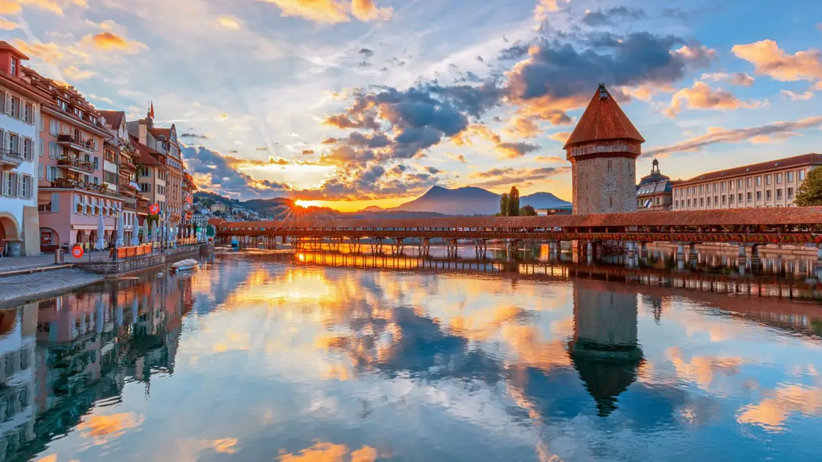 Chapel Bridge and Water Tower at sunset in Lucerne