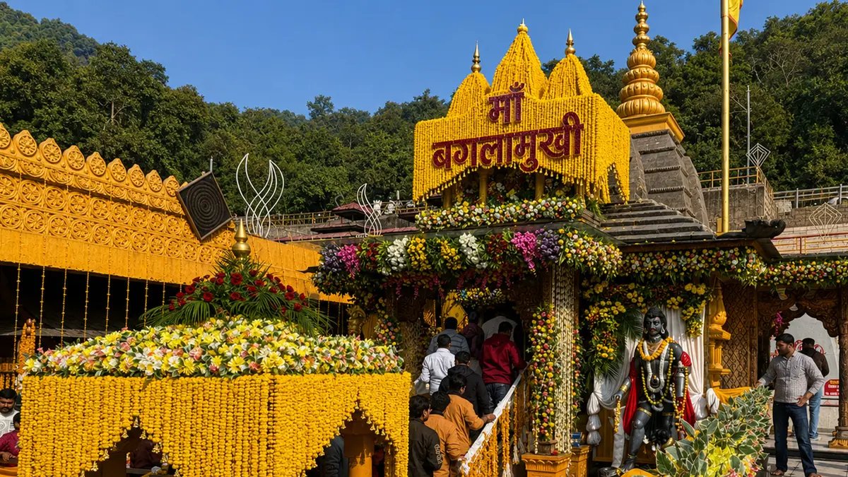 Maa Baglamukhi Temple decorated with flowers in Himachal Pradesh