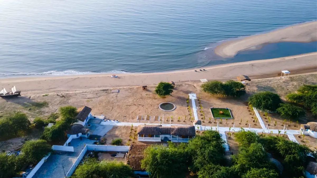 Aerial view of Mandvi Beach resort and pristine Gujarat coastline