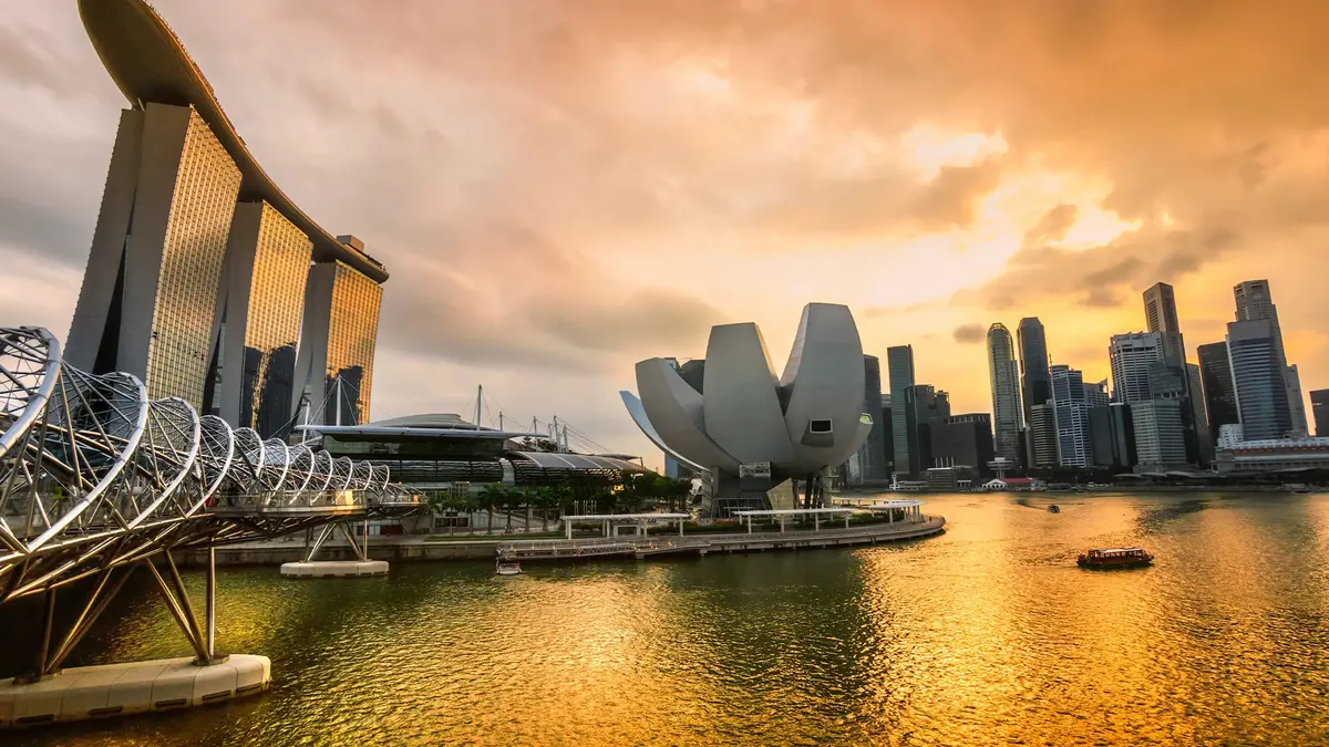 Marina Bay Sands and Singapore skyline at sunset during a Singapore Bintan holiday package