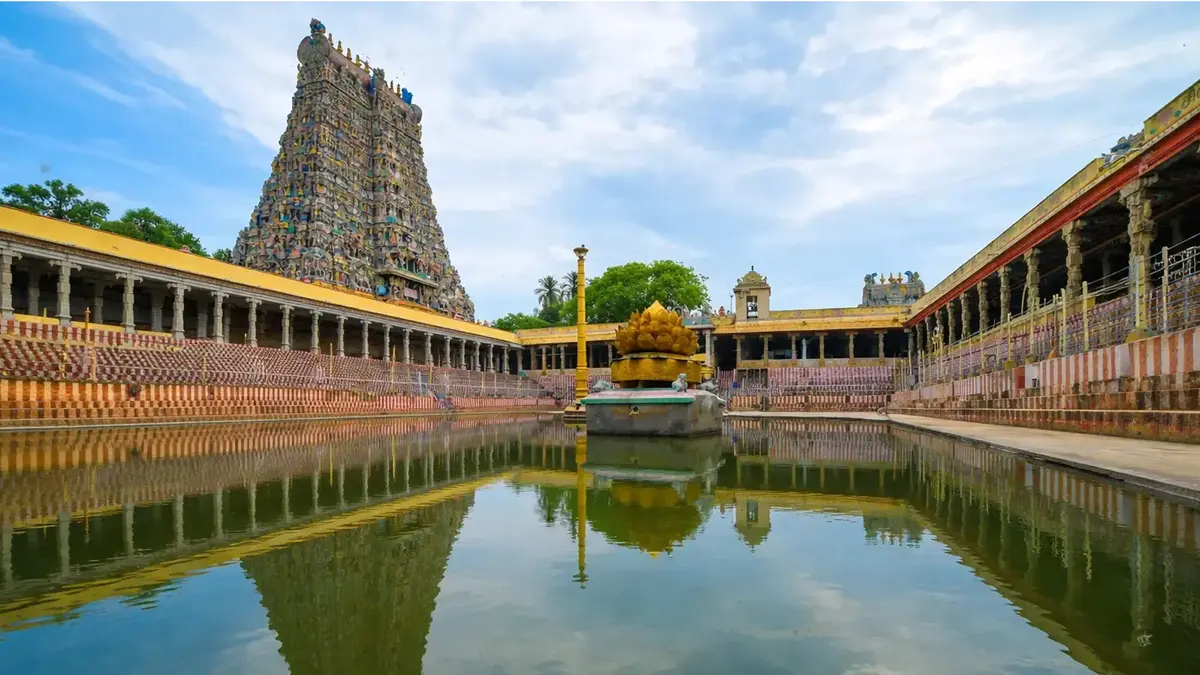 Golden Lotus Tank inside Meenakshi Amman Temple, Madurai, surrounded by ornate temple corridors