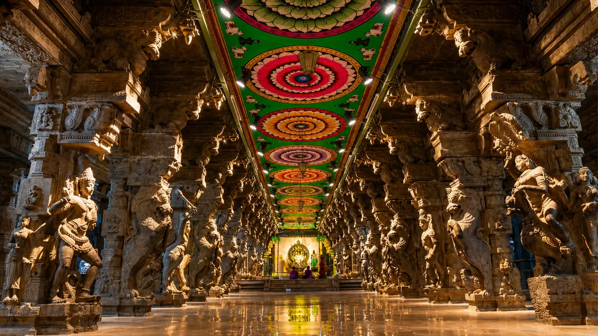 Ornate pillared hall at Meenakshi Temple