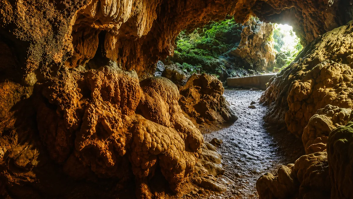 Natural limestone cave formation in Meghalaya with rocky interiors