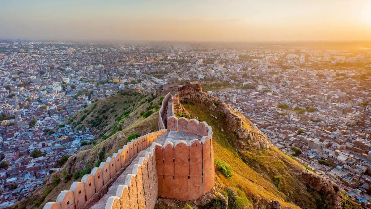 Panoramic view of Mehrangarh Fort ramparts overlooking the Blue City of Jodhpur Rajasthan
