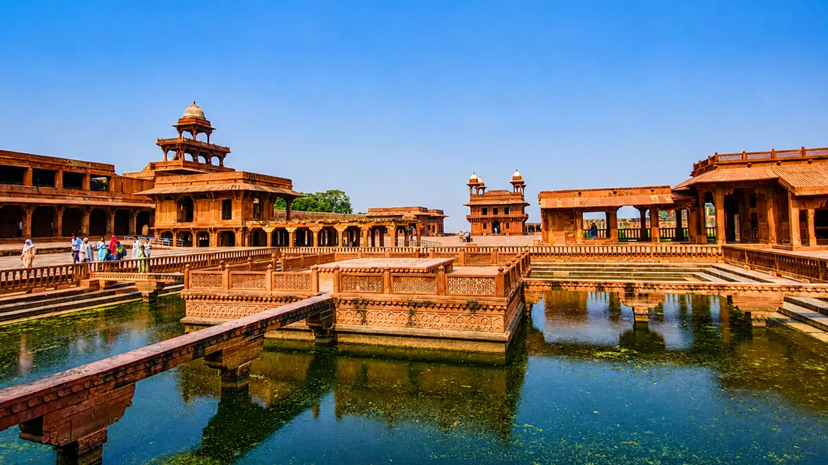 Historic Mughal garden and water channels at Mehtab Bagh in Agra