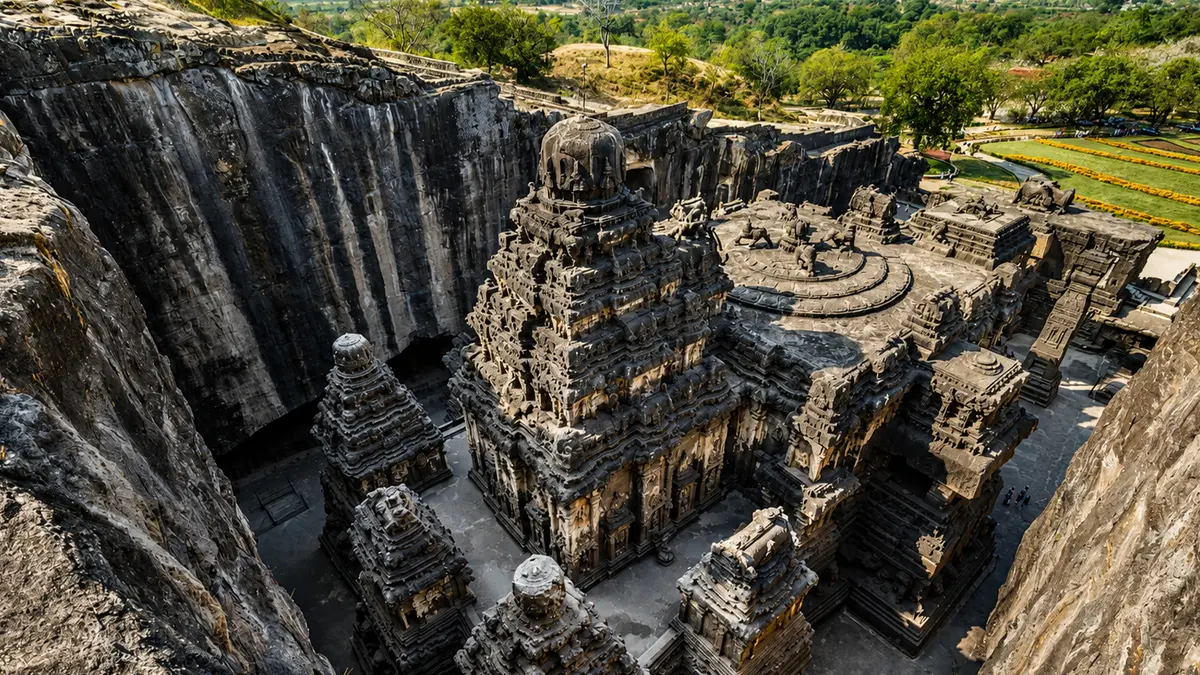 Spectacular monolithic sanctuary carved into a canyon-like rock formation with intricate sculptures