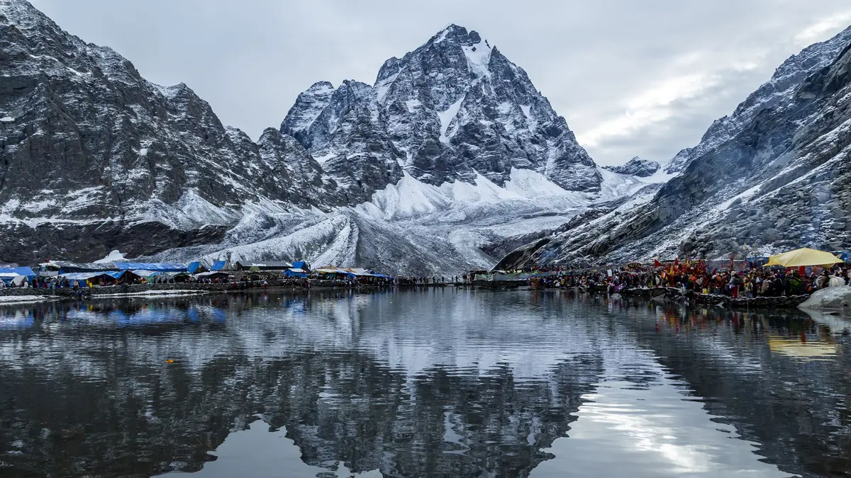 Reflection of the sacred Manimahesh Kailash peak in Manimahesh Lake