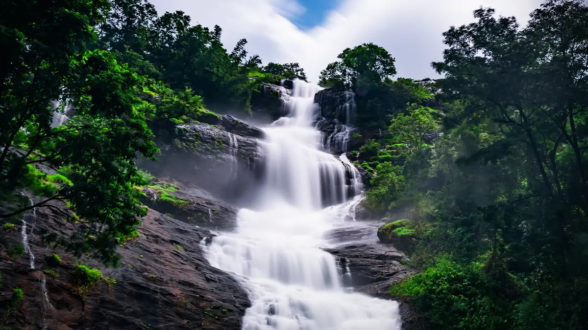 Multi-tier jungle waterfall cascading through evergreen forest landscape