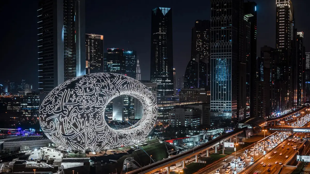 Museum of the Future illuminated at night in Dubai