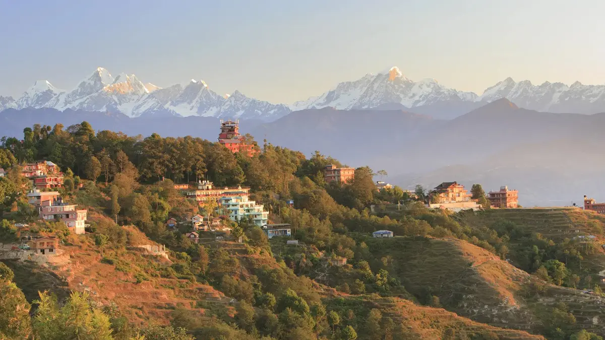 Nagarkot hillside view with snow capped Himalayan peaks in Nepal