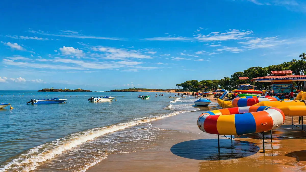 Water sports and boats along the sandy shore of Nagoa Beach