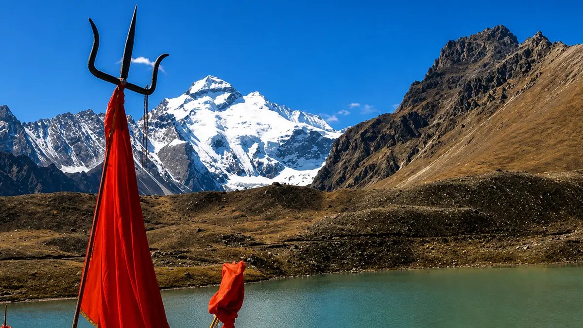 Sacred lake with Om Parvat peaks in the background
