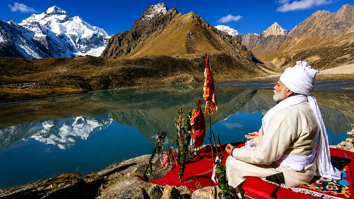 Pilgrim meditating beside Parvati Sarovar near Adi Kailash