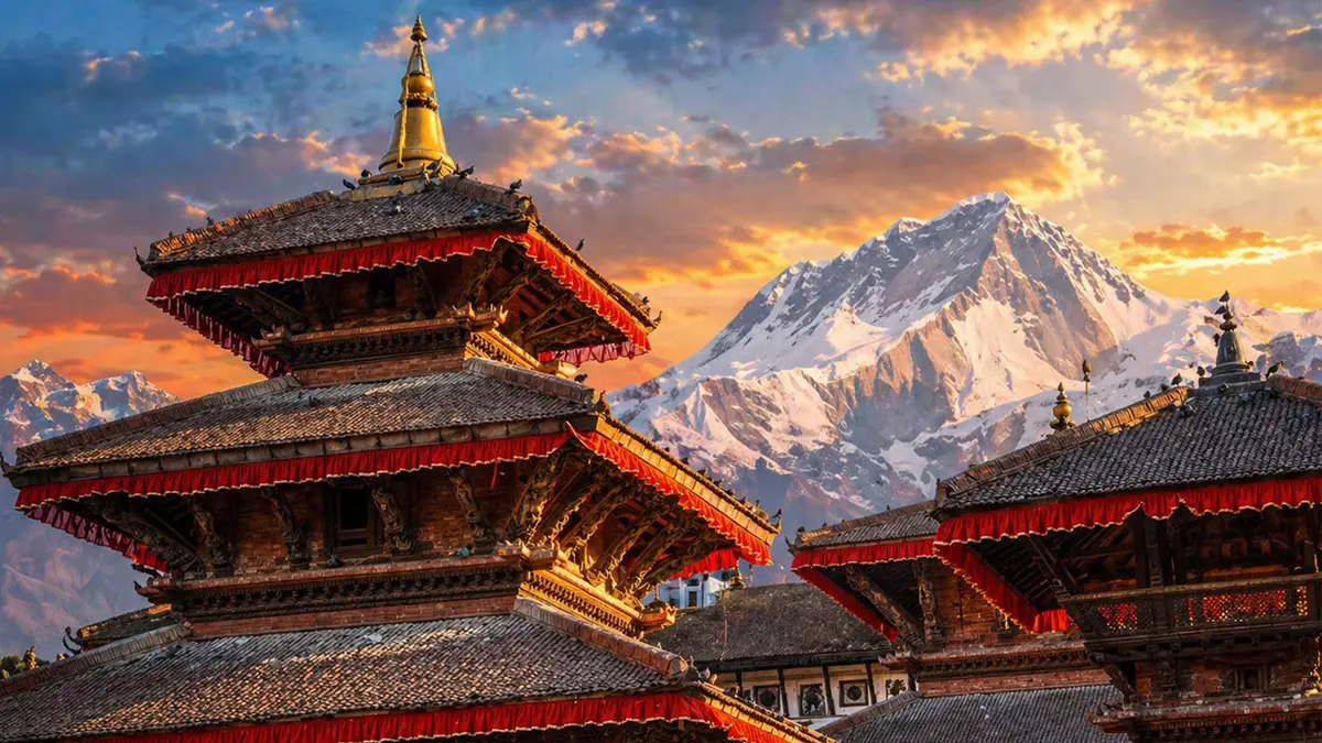 Patan Durbar Square with Himalayan backdrop