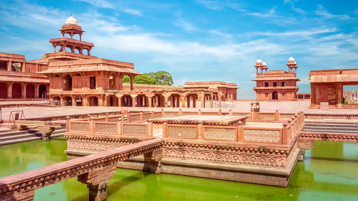 Historic garden pavilion with water channels and Mughal-inspired design