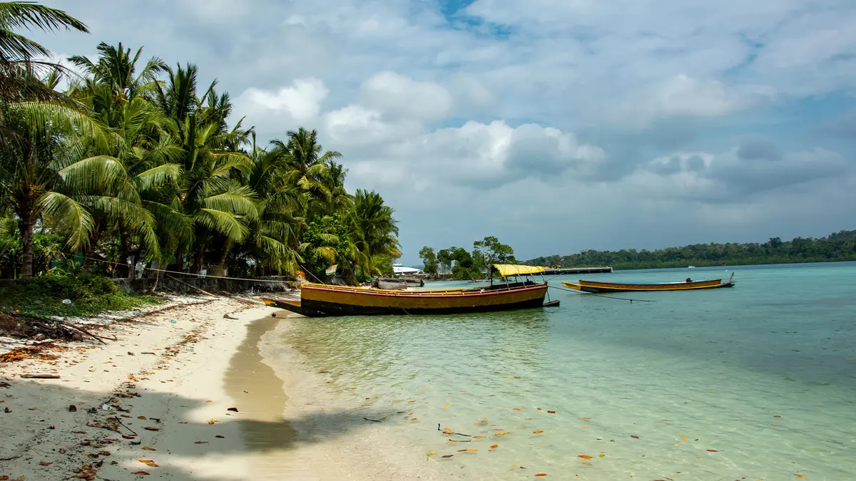 Traditional wooden boats resting along a tranquil tropical beach near Port Blair