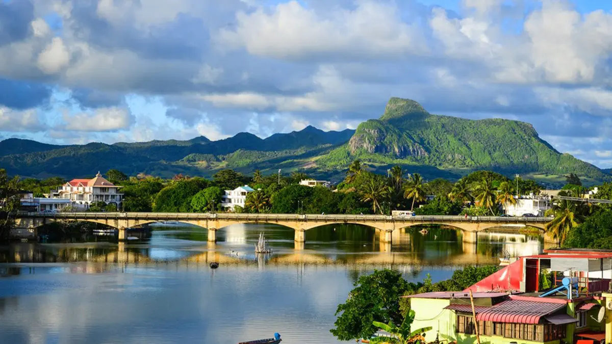Scenic view of Port Louis waterfront and mountains in Mauritius