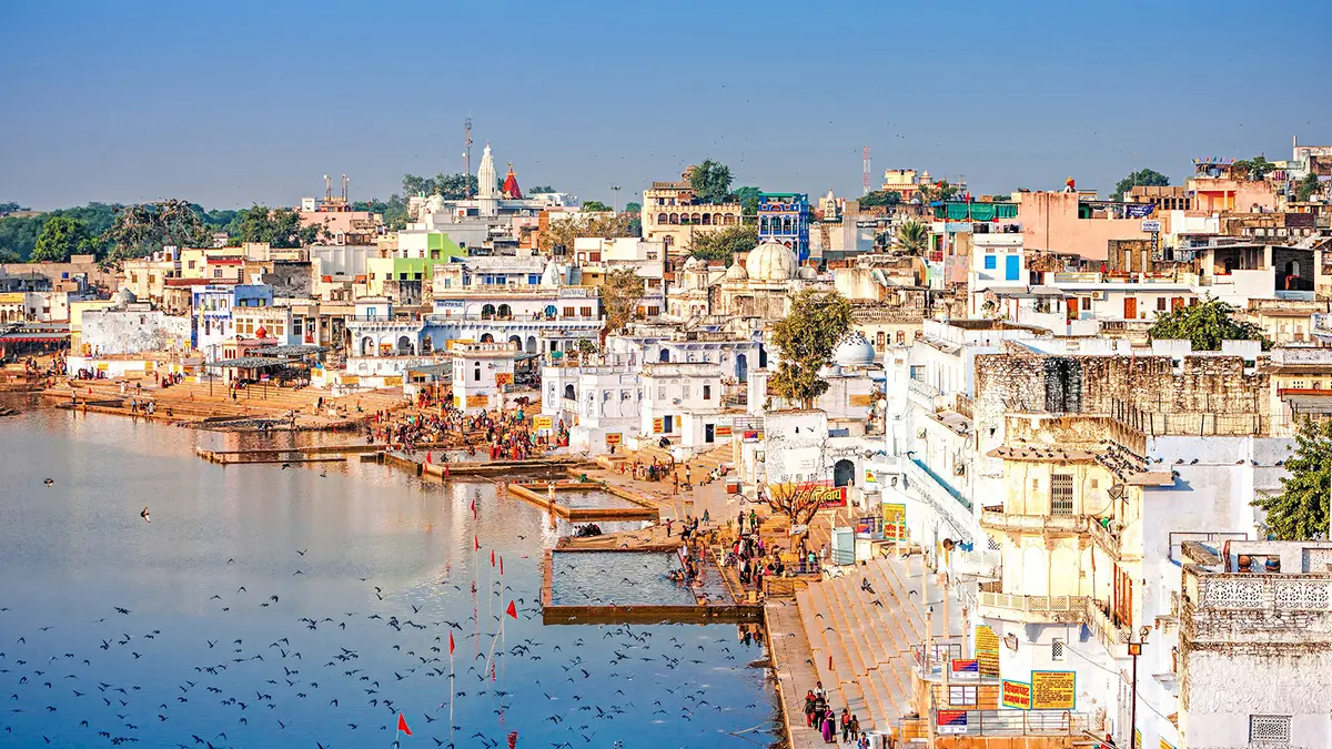 Scenic view of Pushkar Lake ghats and temples in Rajasthan